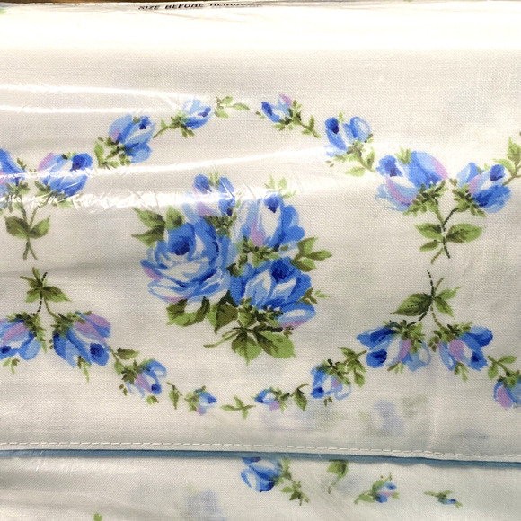 Vintage 1970s NOS Twin Flat Sheet Fruit Of The Loom Muslin Blue Rose Flower - Picture 5 of 12